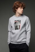 Resim Açık Gri Melanj Bisiklet Yaka İçi Polarlı Baskılı Pamuklu Sweatshirt Kigili