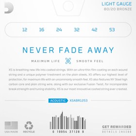 Resim D'Addario XSABR1253 XS 80/20 Bronze Akustik Gitar Teli - Light (12-53) 