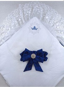 Resim Yenidoğan Saray Kadife Taç Nakışlı İnci Fiyonklu Çift Dantel Duvak Trilüks Kundak Bebek Battaniyesi Lacivert 
