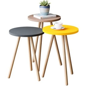 Resim İntergo Renkli Üçlü Zigon Sehpa Ahşap Ayaklı Yuvarlak Pastel Tasarım Cappuccino-Gri-Sarı 