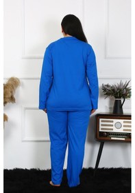 Resim Akbeniz Kadın Büyük Beden Pamuklu Cepli Düğmeli Saks Pijama Takım 202401-saks Saks Mavi 