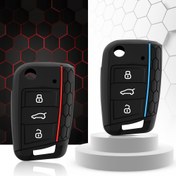 Resim VW Golf 7 MK7 için Silikon Anahtar Kılıfı, 3 Düğmeli Katlanabilir Uzaktan Kumanda Anahtarlık için Seat ve Skoda Araba Aksesuarları 