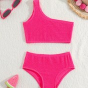 Resim Üç Yaş Üstü Çocuklar İçin Strapless Tek Parça Çıplak Omuz Kız Çocukları Swimsuit Seti - Yüksek Esnek Knit Kumaş Polyester Spandex Blend, Düz Renkli Çocuk Plaj Giyimi - Bir Omuzlu Bikini Setleri 