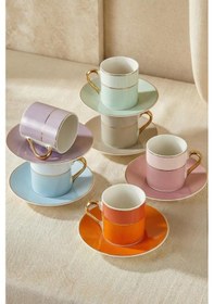 Resim Neva Monet 6 Kişilik 12 Parça Porselen Kahve Fincan Takımı Gold Yaldızlı - N3505 Çok Renkli 