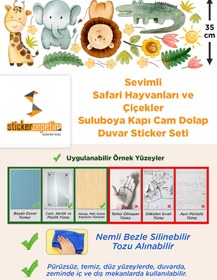 Resim Sevimli Safari Hayvanları ve Çiçekler Suluboya Kapı Cam Dolap Duvar Sticker Seti - 110x40 cm / Sulu Boya / Safari Hayvanlar 