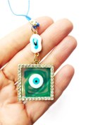 Resim cuaderno Nazar Boncuğu Taşlı Epoksi Araba Dikiz Ayna Süsü Yeşil Kare Hediyelik Aksesuar 