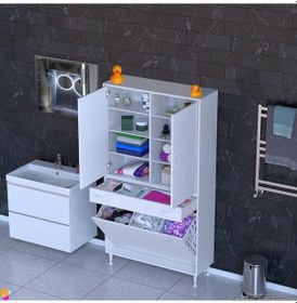 Resim Modilayn Yeni Afra 90x173x32,5 Cm' Lik 1 Çekmece, 3 Göz Sepet, 2 Kapak, 8 Raf Dar Alan Banyo Dolabı Beyaz 