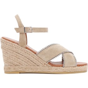 Resim Derimod Kadın Bej Bilekten Bantlı Dolgu Topuklu Süet Deri Espadril Sandalet 25SFD205910 