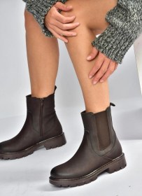 Resim Fox Shoes V674420509 Kahverengi Kalın Tabanlı Lastik Detaylı Kadın Bot Kahverengi-suni Deri 