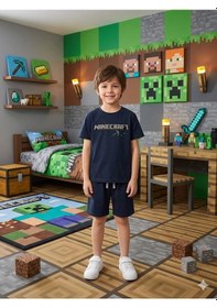 Resim Cg Kids Minecraft Kabartma Yazı Detaylı Erkek Çocuk Tshirt & Şort Alt Üst Takım Süper Kalite Kumaş Koyu Lacivert 