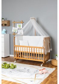 Resim Ahşap Beşik Anne Yanı Beşik Vernikli 60x120 - Beyaz Güpür Uyku Seti + Yataklı + Tekerlekli Ahşap 