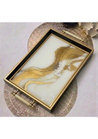 Resim Modern Lüks Desenli Dekoratif Tepsi & Siyah Gold Çerceveli Kulplu Çay Kahve Sunum Tepsisi 