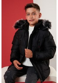Resim Lela Içi Peluş Astarlı Çıkarılabilir Kapüşonlu Suya Dayanıklı Kışlık Erkek Çocuk Mont 5760022 Siyah 