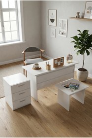 Resim Robin Home Verona Ofis Büro Masa Takımı Ofis Çalışma Masası + Keson + Sehpa Beyaz 