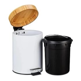 Resim Home Bambu Kapaklı Metal Çöp Kovası - Hidrolik Sistemli Yavaş Kapanma Özellikli, Pedallı, Banyo ve Mutfak Için Şık ve Fonksiyonel Tasarım (Beyaz, 3 Litre) 