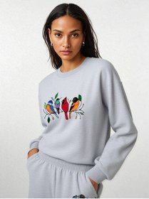 Resim ship master Kadın Gri Kuş Baskılı Eşofman Takımı %100 Pamuk Sweatshirt Pantolon 