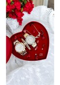 Resim Gold Taşlı Çift Saat Bileklik Kolye Ve Küpe Hediyeli Kalp Set Kutu Altın 
