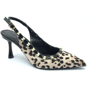 Resim Feles Zımba Şerit Detaylı Arkası Açık Stiletto Kadın Topuklu Ayakkabı Leopar 