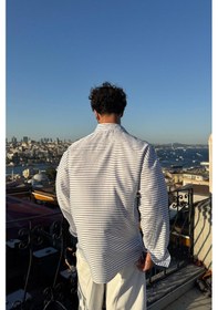 Resim Flaw Atelıer Yatay Çizgili Oversize Gömlek Lacivert-26478 Lacivert 