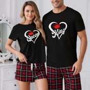 Resim Çiftler için Kral ve Kraliçe Harf Baskılı Erkek veya Kadın Kısa Kollu Şortlu Pijama Takımı Fiyatı - 1 Takım 