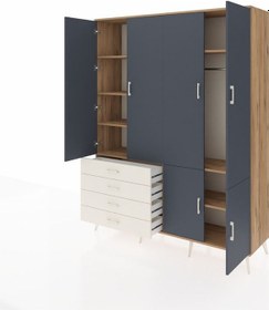 Resim Hyperion Gardrop 7 Raflı 4 Çekmeceli Tek Askılı 176x44x221 Çam-antrasit/aytaşı Beyaz 