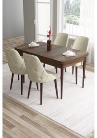 Resim Canisa Tia Serisi 80x132 Açılabilir Mdf Mutfak Masası Takımı Barok Desen Masa 4 Krem Sandalye Masa Barok Ahşap Desen Sandalye Krem 