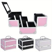 Resim 1 adet Taşınabilir Alüminyum Kozmetik Organizatör Kutusu Ayna ile - Büyük Kapasiteli Çok Katmanlı Depolama Makyaj Fırçaları, Rujlar ve Güzellik Araçları için, Şık Siyah ve Pembe Tasarım, Makyaj ve Banyo Düzenleme için Kompakt Seyahat Kutusu, Makyaj Organizatörü, Dayanıklı Yapı 