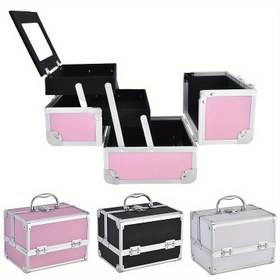 Resim 1 adet Taşınabilir Alüminyum Kozmetik Organizatör Kutusu Ayna ile - Büyük Kapasiteli Çok Katmanlı Depolama Makyaj Fırçaları, Rujlar ve Güzellik Araçları için, Şık Siyah ve Pembe Tasarım, Makyaj ve Banyo Düzenleme için Kompakt Seyahat Kutusu, Makyaj Organizatörü, Dayanıklı Yapı 