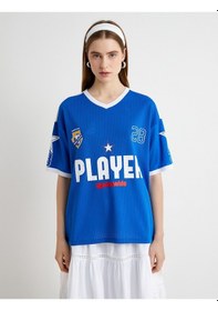 Resim Koton Forma Tişört V Yaka Kısa Kollu Renk Bloklu Baskılı Mavi 4sal10986ık Mavi 