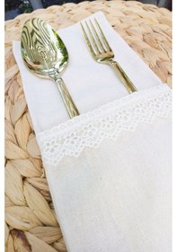 Resim 6 Adet Keten Beyaz Dantelli Kaşıklık Servis Sunum 