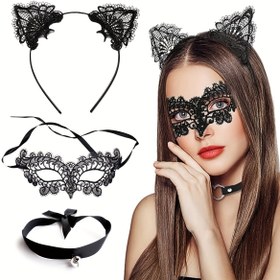 Resim D EXCEED 3 adet Siyah Kedi Kostümü Kadınlar için Maske, Dantel Kedi Kulakları Baş Bandı ve Kedi Boyunbağı ile Halloween Partisi için 