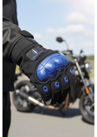 Resim Mavi Single Sword Tam Parmak Dokunmatik Özellikli İç Ve Dış Koruma Destekli Taktik Motorcu Eldiveni 