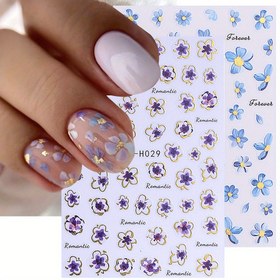 Resim 2 Adet Mor Mavi Suluboya Çiçek Desenli Tırnak Sticker - 3D Altın Detaylı Glitter Tırnak Dekoru, Yaz Temalı Manikür Aksesuarı, Şık Tırnak Sanatı Süslemesi, Güzellik Tutkunları İçin DIY Tırnak Bezeği 