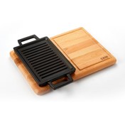 Resim Lava Döküm Dikdörtgen Çift Yön Izgara ve Düz Yüzey Hot Plate Kayın Servis Ahşabı Ölçü 22x15cm. 