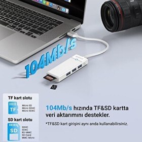 Resim Orico PAPW3AT-U3-015-WH-EP USB 3.0 To 3.0 TF SD Kart Okuyucu 3 Portlu USB 3.0 Beyaz Çoklayıcı Adaptör 