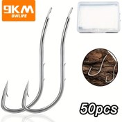Resim 9KM 50 Adet Premium Karbon Çelik Balıkçılık Kancaları - Gözü Olmayan Canlı Yem Ofset Kancaları, Tuzlu Su Balıkçılığı İçin Dikenli Saplı, Saklama Kutusu Dahil, Siyah, Balıkçılık Yemi 