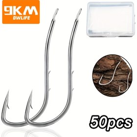 Resim 9KM 50 Adet Premium Karbon Çelik Balıkçılık Kancaları - Gözü Olmayan Canlı Yem Ofset Kancaları, Tuzlu Su Balıkçılığı İçin Dikenli Saplı, Saklama Kutusu Dahil, Siyah, Balıkçılık Yemi 