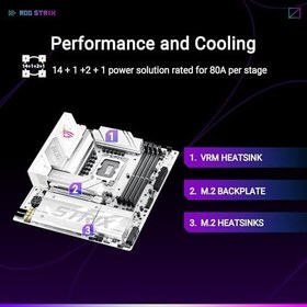 Resim ASUS ROG Strix B860-G Gaming WiFi mATX anakart, Gelişmiş AI PC'ye hazır, 14+1+2+1 güç aşamaları, DDR5 yuvaları, PCIe 5.0, dört M.2 yuvası, WiFi 7, AI Networking II, Aura Sync RGB aydınlatma. 