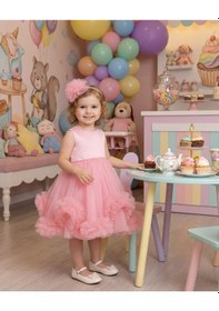 Resim Ayışığı Kız Çocuk Tüllü Pembe Abiye Elbise Volanlı Etek Prenses Model Abiye Elbise Taç Hediyeli 1-5 Yaş Pembe 