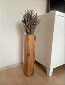 Resim El İşçiliği Ahşap Vazo Pampas Yapay Çiçek Vazosu 50 Cm Kahverengi 