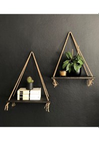 Resim O&Awood 2'Li Halatlı Doğal Ahşap Raf, Dekoratif Duvar Rafı, Siyah 