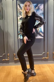 Resim RICH GLAM Kolları Crystal Taşlı Ince Rahat Pamuk Fermuarlı Siyah Şık Kadın Eşofman Takımı 