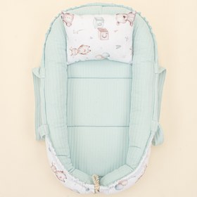 Resim Babynest ve Yastık - Çift Taraflı - Dijital Baskı Muslin - Turkuaz Örgü - Sevimli Ayıcıklar 