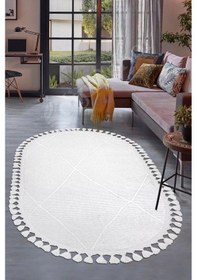 Resim Halı Beyaz Cool Bohem Desenlidesenli Yıkanabilir Saçaklı Oval Yolluk Salon Halısı 