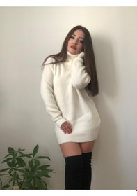 Resim Kadın Beyaz Balıkçı Yaka Selanik Örme Triko Kazak Tunik Krem 