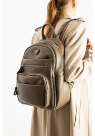 Resim Vegan Deri Kadın Sırt Çantası 35 25 Cm Yağmur İtici Kumaş Mega Bag Günlük Kullanıma Uygun Vizon 