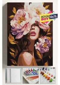Resim Sayılarla Boyama Seti Numaralı Tuval Fırça Boya Dahil Kasnaklı Set 50x70 Cm - Çiçek Açan Kadın 2 