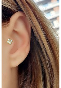 Resim 925ayar Gümüş Üzerine Altın Kaplama Zirkon Taş Detaylı Çiçek Figürlü Tragus Kıkırdak Piercing Altın 