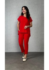 Resim Soonaksesuar Kadın Kısa Kollu Yuvarlak Yaka Aerobin Bluz Ve Pantolon Ikili Takım Kırmızı 