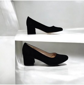 Resim Fiyra 7028 Siyah Süet 5cm Kare Topuklu Bayan Stiletto Ayakkabı Siyah Süet 